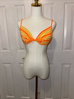 Bright Orange Striped Women's Bikini Top with Knot Front